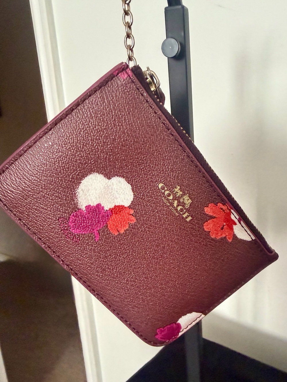Coach Burgundy Floral Leather Wristlet with Gold Logo